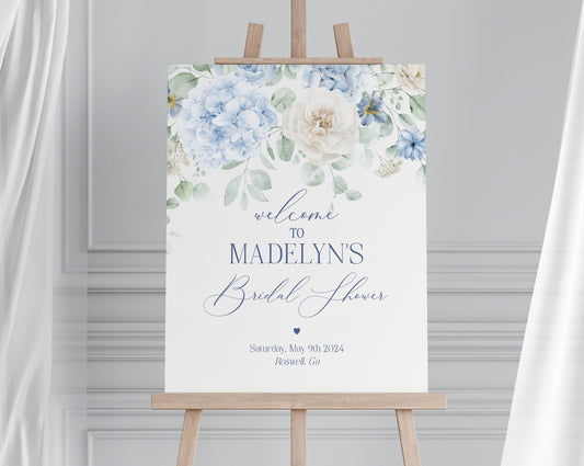 Blue Floral Bridal Shower Welcome Sign Printable Template, Something Blue Before I Do spring bridal shower Light Blue Hydrangea Flowers