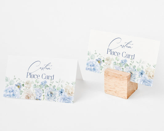 Blue Floral Place Cards for Baby Shower or Birthday Printable Template, Blue Baby in Bloom hydrangeas for spring Something Blue Before I Do