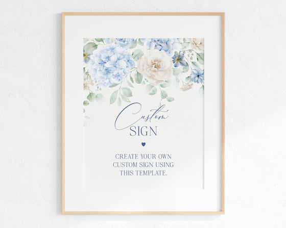Blue Floral Custom Sign Printable Party Decor for Baby or Bridal Shower, Baby in Bloom baby shower for spring Light Blue Hydrangea Flowers