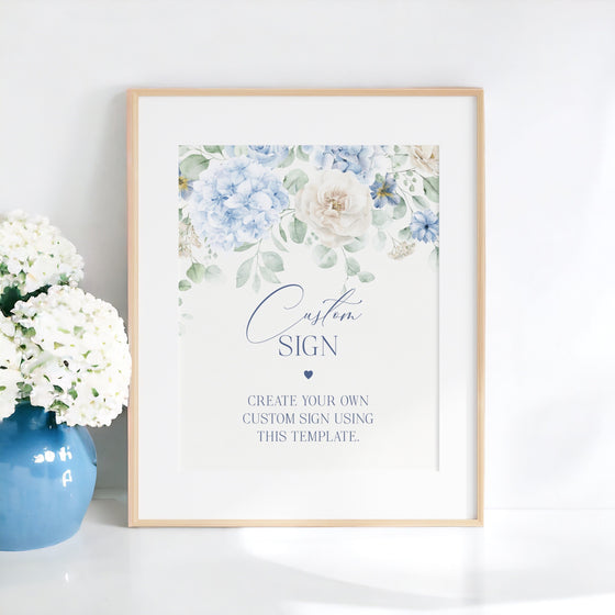 Blue Floral Custom Sign Printable Party Decor for Baby or Bridal Shower, Baby in Bloom baby shower for spring Light Blue Hydrangea Flowers