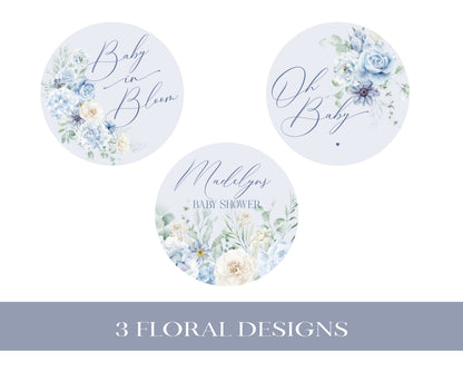 Blue Floral Baby Shower Cupcake Toppers Printable Template, Blue Baby in Bloom baby shower for spring Light Blue Hydrangea Flowers download