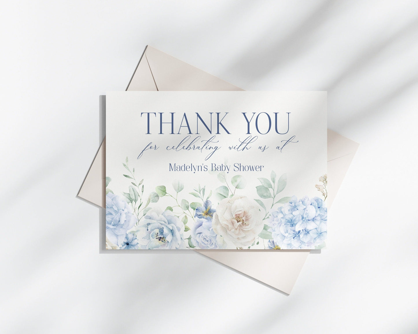 Blue Floral Thank You Card Printable Template, Blue Baby in Bloom baby shower for spring Light Blue Hydrangeas Something Blue Before I Do