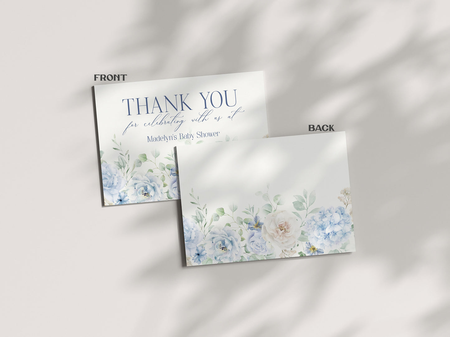 Blue Floral Thank You Card Printable Template, Blue Baby in Bloom baby shower for spring Light Blue Hydrangeas Something Blue Before I Do