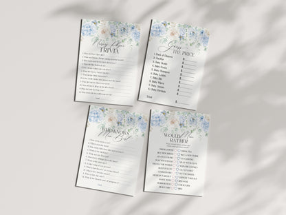 Blue Floral Baby Shower Games Set Printable Template, Blue Baby in Bloom spring baby shower Light Blue Hydrangea Flowers instant download