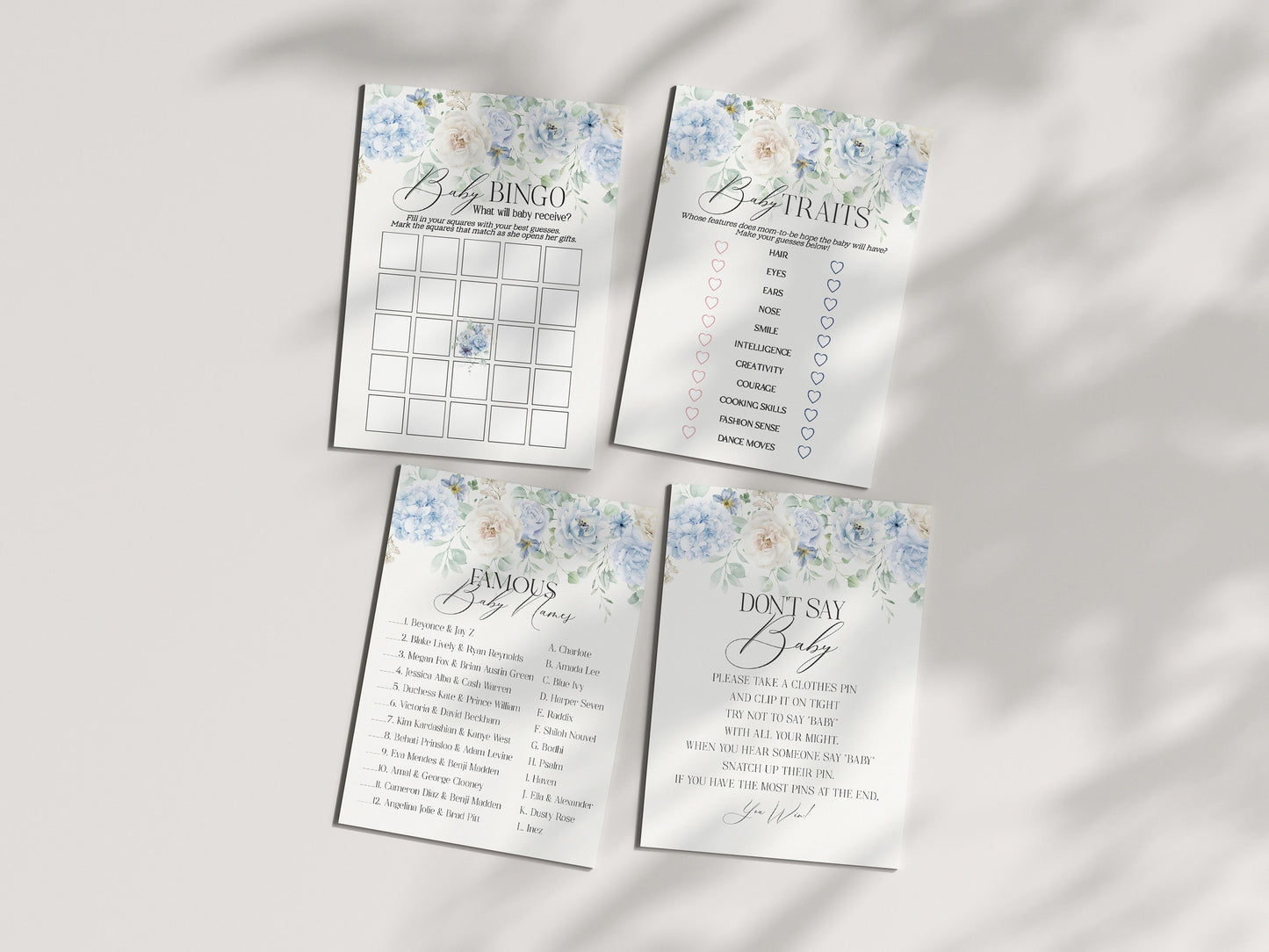 Blue Floral Baby Shower Games Set Printable Template, Blue Baby in Bloom spring baby shower Light Blue Hydrangea Flowers instant download