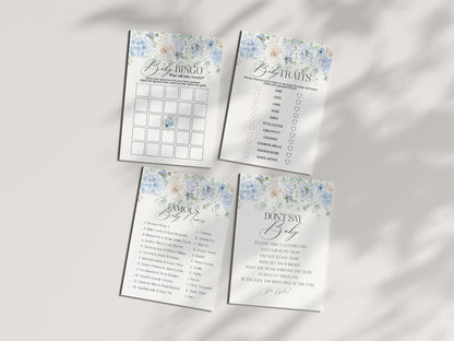 Blue Floral Baby Shower Games Set Printable Template, Blue Baby in Bloom spring baby shower Light Blue Hydrangea Flowers instant download