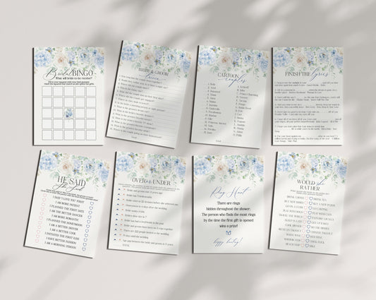 Blue Floral Bridal Shower Games Set Printable Template, Something Blue Before I Do spring bridal shower Light Blue Hydrangea Flowers