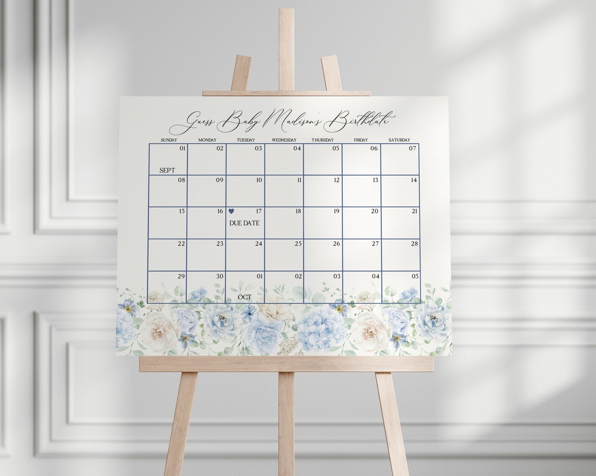 Blue Floral Baby Shower Guess the Date Game Template, Blue Baby in Bloom baby shower for spring Light Blue Hydrangea Flowers download