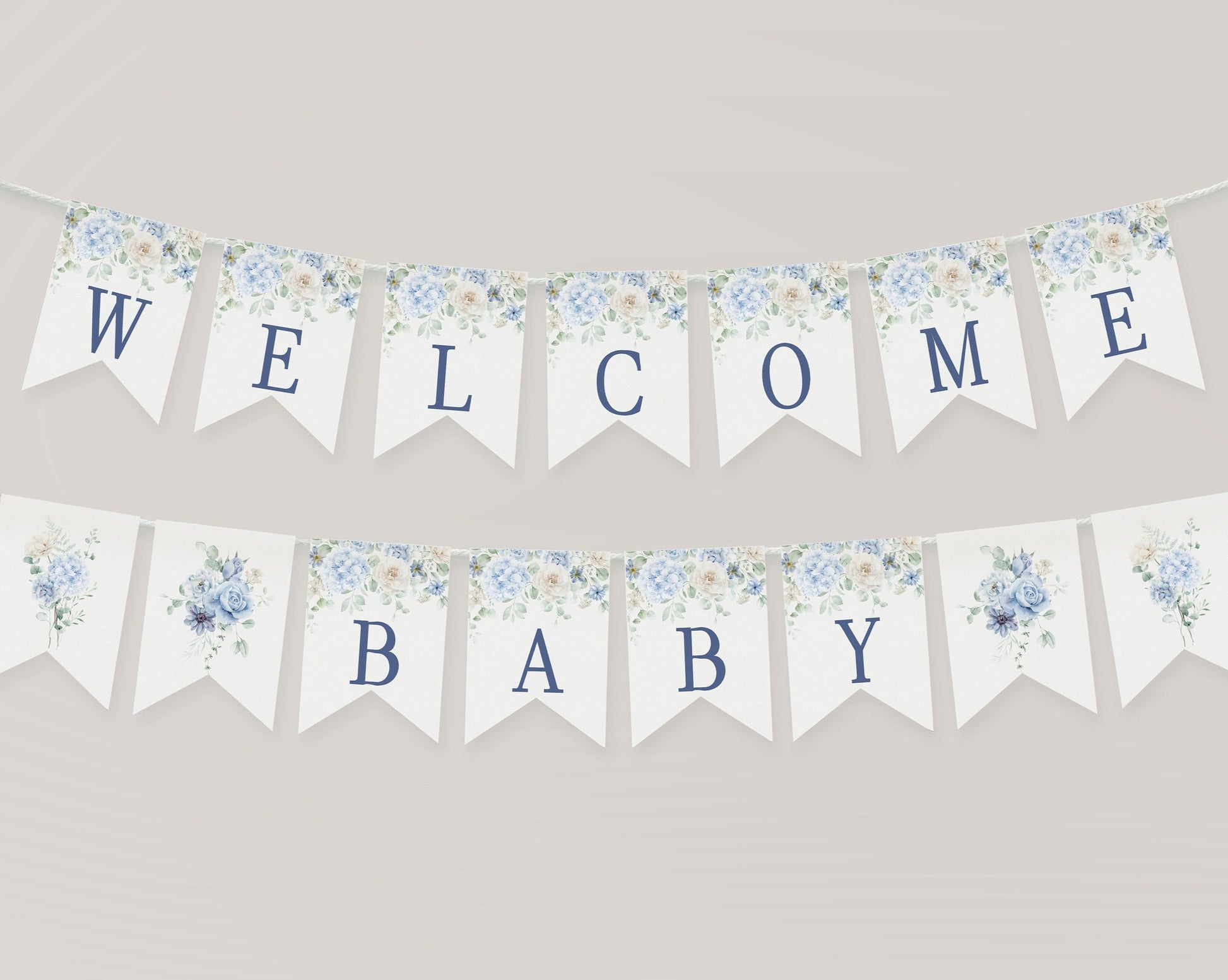 Blue Floral Baby Shower Banner Printable Template, Blue Baby in Bloom baby shower for spring Light Blue Hydrangea Flowers download