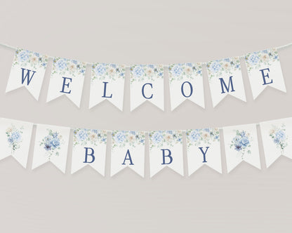 Blue Floral Baby Shower Banner Printable Template, Blue Baby in Bloom baby shower for spring Light Blue Hydrangea Flowers download