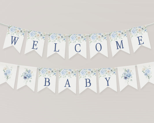 Blue Floral Baby Shower Banner Printable Template, Blue Baby in Bloom baby shower for spring Light Blue Hydrangea Flowers download