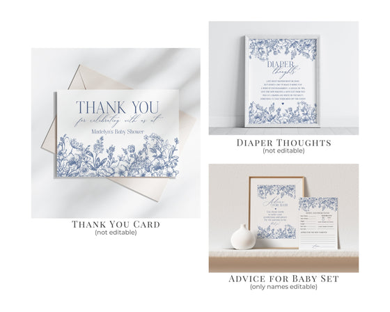 Blue Chinoiserie Baby Shower Printable Bundle, Blue Baby in Bloom Elegant baby shower for spring, Toile Invitations for French Baby Shower