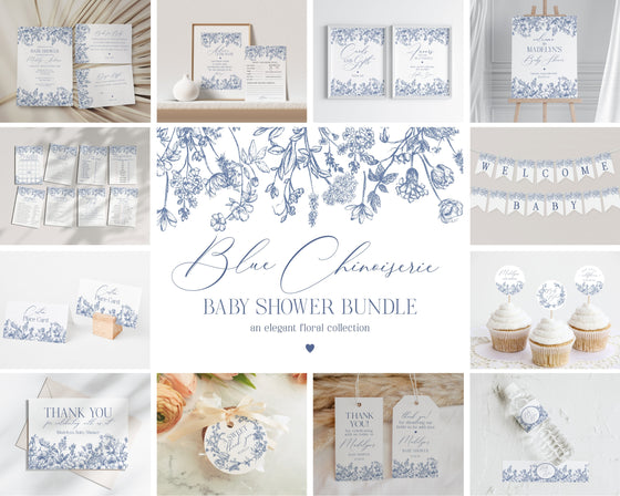 Blue Chinoiserie Baby Shower Printable Bundle, Blue Baby in Bloom Elegant baby shower for spring, Toile Invitations for French Baby Shower