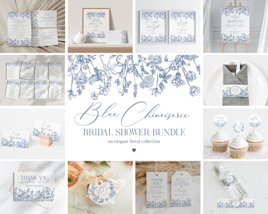 Blue Chinoiserie Bridal Shower Printable Bundle, Something Blue Before I Do Blue Spring Toile Shower Decor for French Bridal Shower