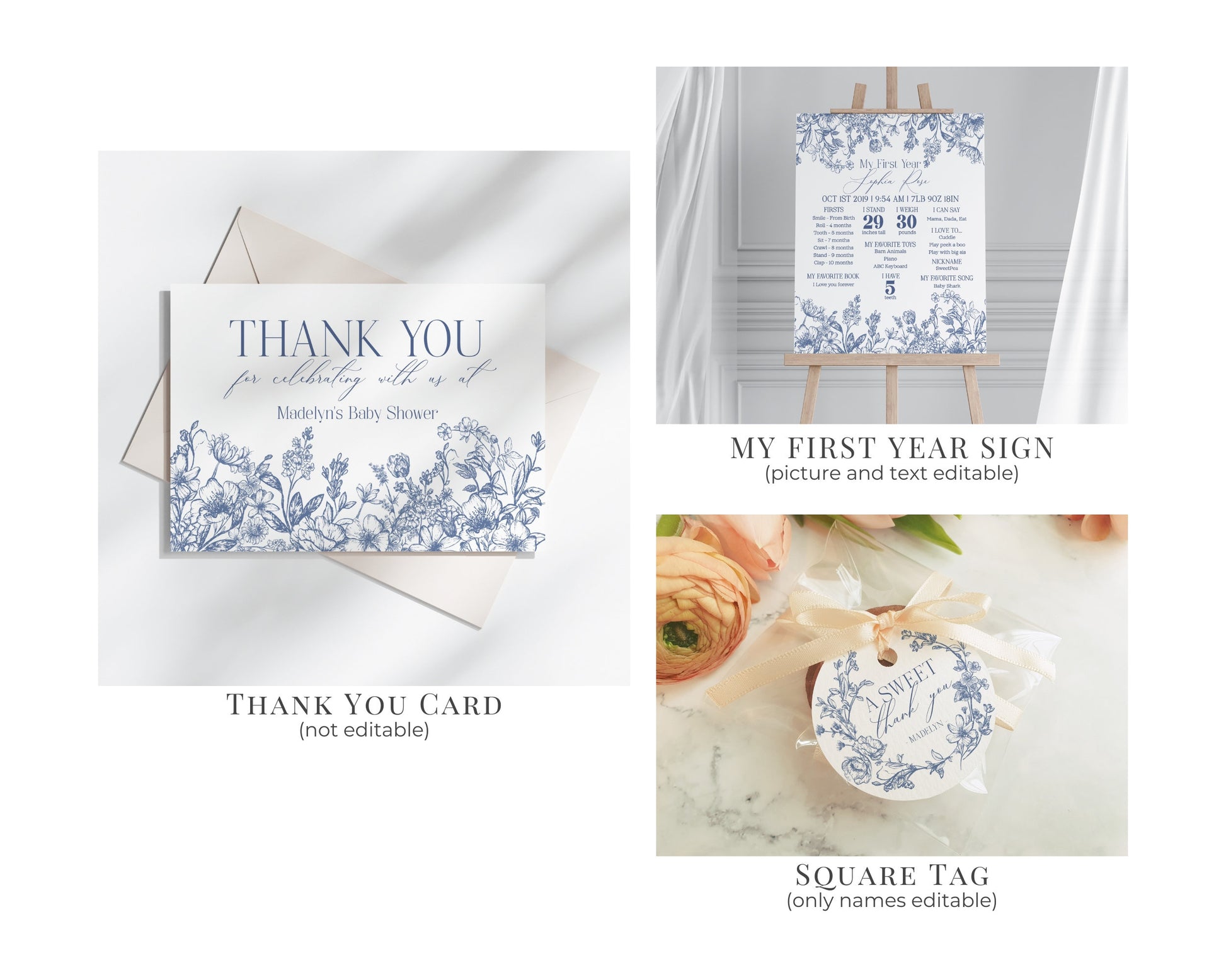 Blue Chinoiserie First Birthday Bundle Printable Template, Elegant Blue Toile Decor for Birthday Party, French Theme Spring Birthday Party