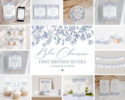 Blue Chinoiserie First Birthday Bundle Printable Template, Elegant Blue Toile Decor for Birthday Party, French Theme Spring Birthday Party