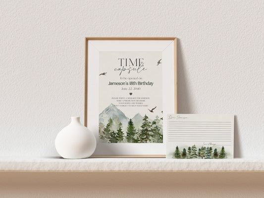 Forest Woodland Time Capsule for Woodland Baby Shower Printable Template, advice for baby outdoor adventure awaits first birthday for boy