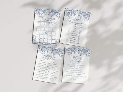 Blue Chinoiserie Baby Shower Games Set Printable Template, Blue Baby in Bloom spring baby shower Toile Shower Decor for French Baby Shower