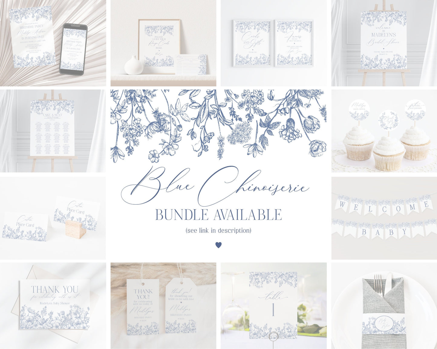 Blue Chinoiserie Baby Shower Games Set Printable Template, Blue Baby in Bloom spring baby shower Toile Shower Decor for French Baby Shower