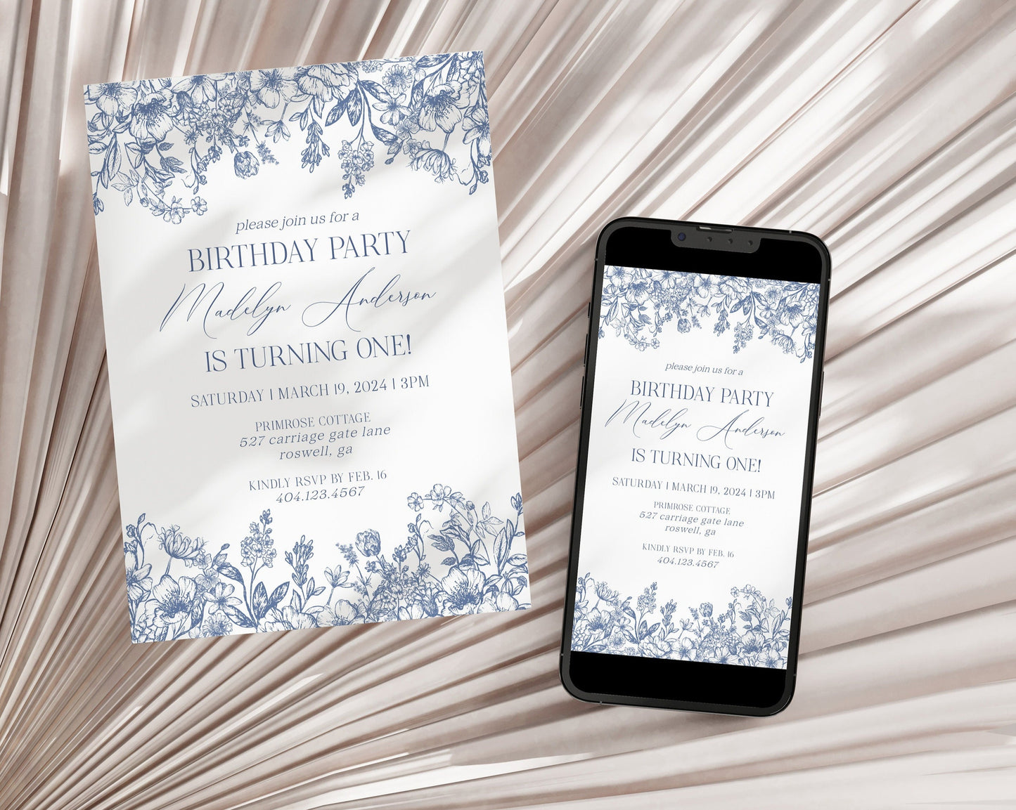 Blue Chinoiserie Birthday Invitation Printable Template, Elegant Blue Toile Decor for Birthday Party, French Theme Birthday Party for Spring