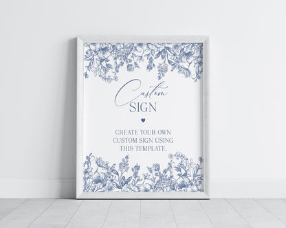 Blue Chinoiserie Custom Sign Printable Party Decor for Baby or Bridal Shower, Baby in Bloom Shower for Spring, Something Blue Before I Do