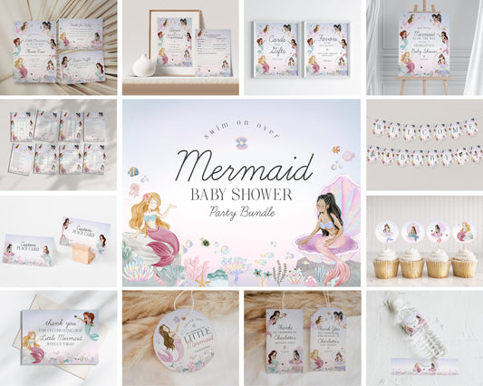 Mermaid Baby Shower Bundle Printable Party Decor, enchanted under the sea baby shower for girl, pastel magical mermaid underwater party