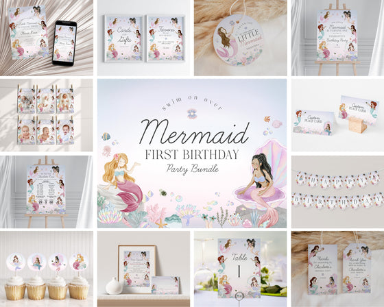 Mermaid First Birthday Party Bundle Printable Template, enchanted under the sea 1st birthday for girl, pastel magical mermaid pool party