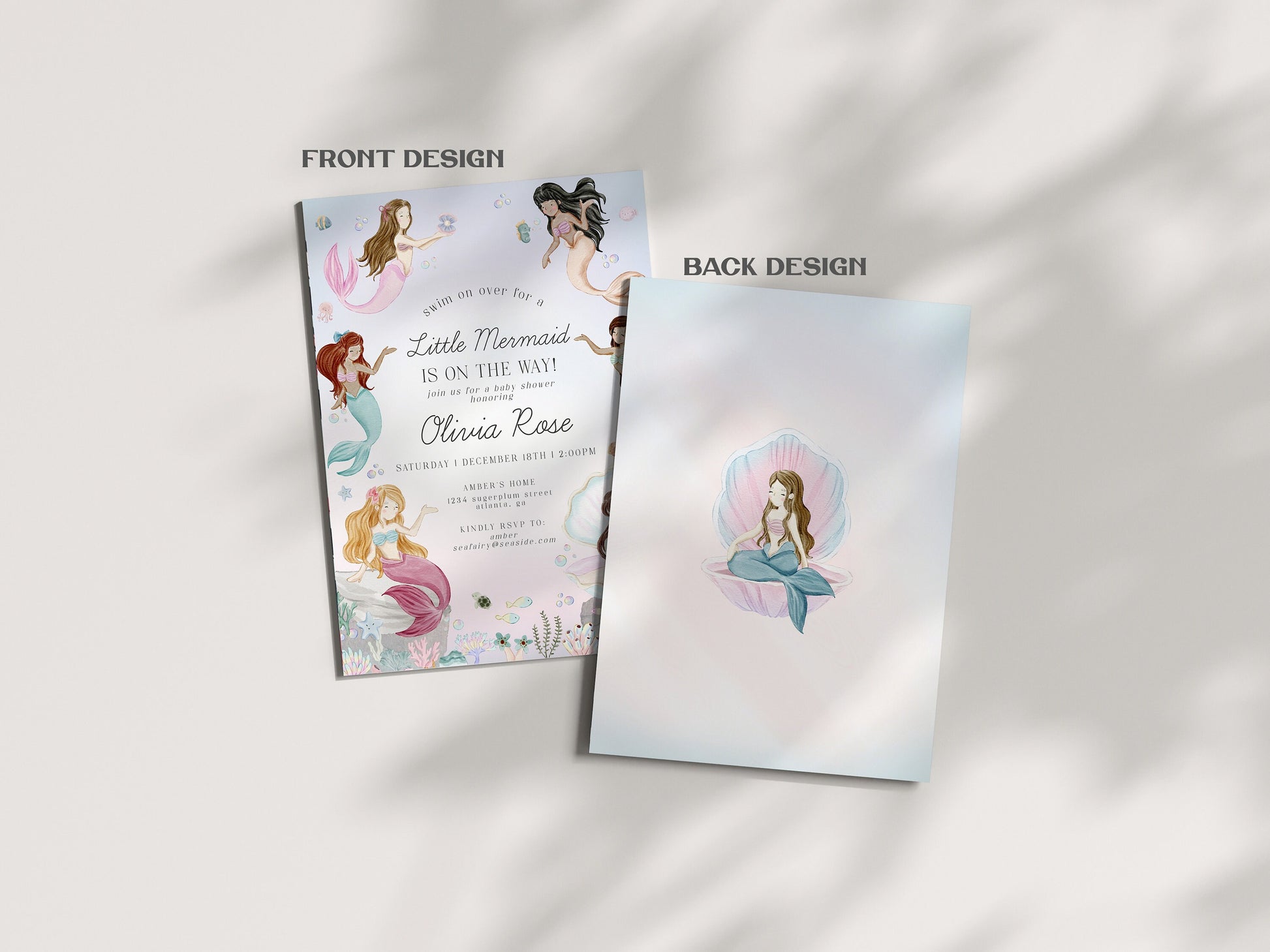 Mermaid Baby Shower Invitation Set Template, enchanted under the sea baby shower for girl, pastel magical mermaid underwater party