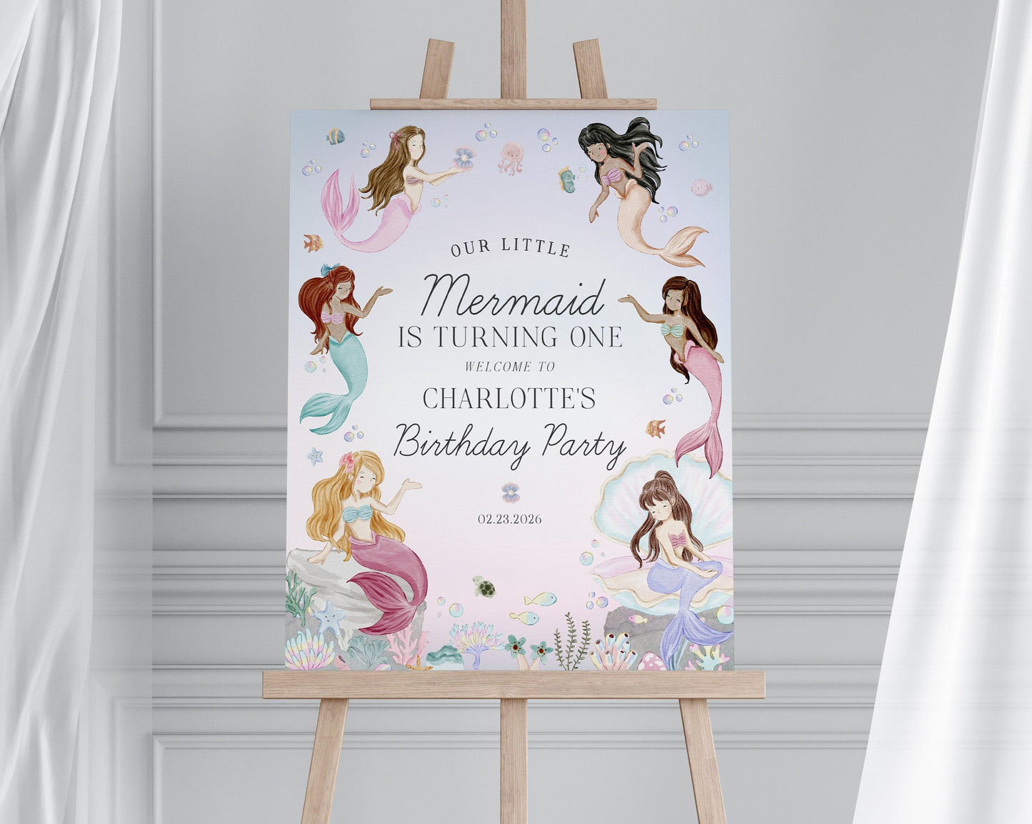 Mermaid Birthday Welcome Sign Template, enchanted under the sea birthday party for girl, pastel magical mermaid pool party, onder the sea