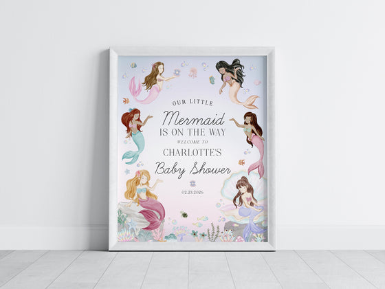 Mermaid Baby Shower Welcome Sign Template, enchanted under the sea baby shower for girl, pastel magical mermaid party