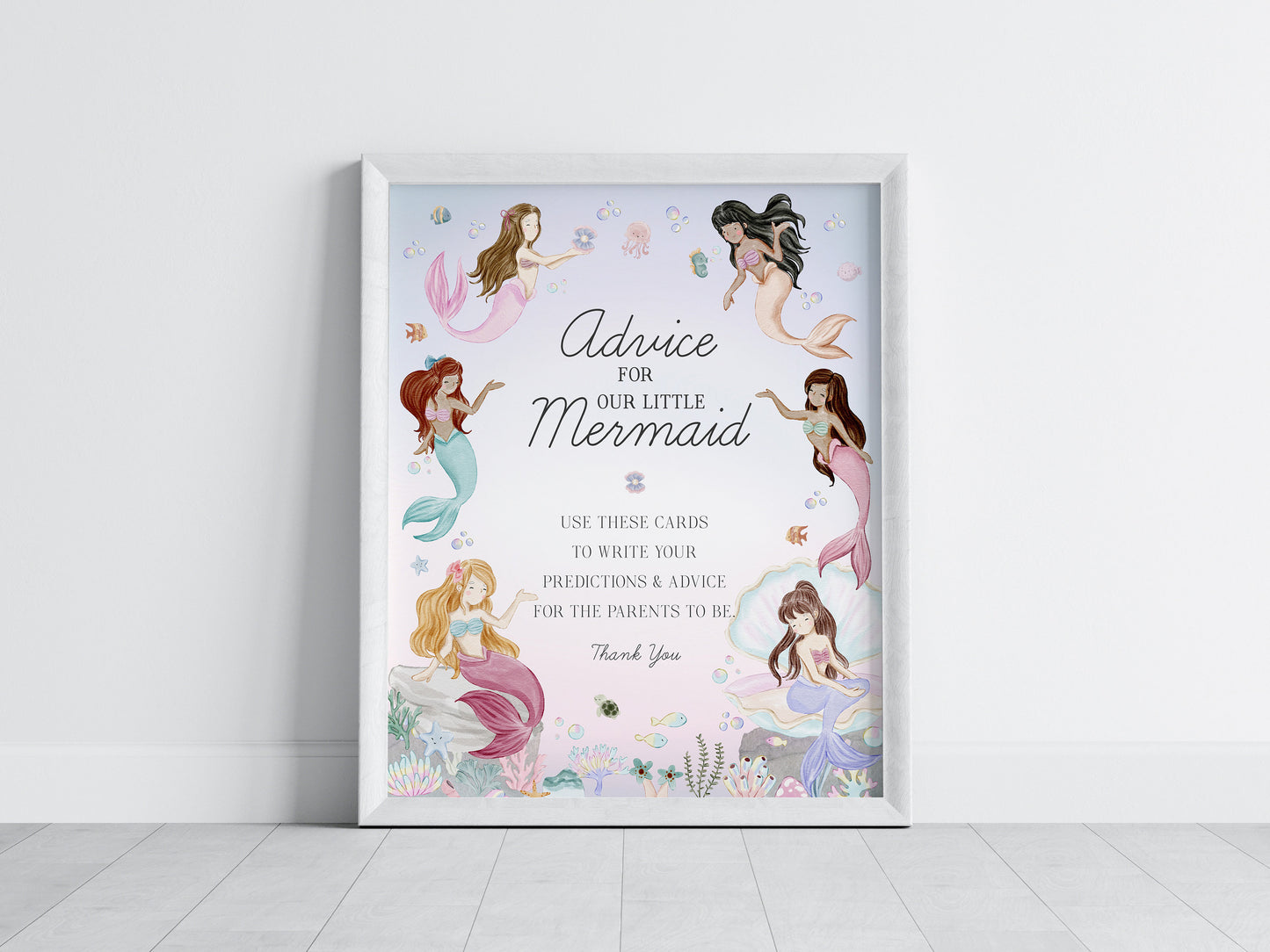 Mermaid Advice for Baby Cards Instant Download, enchanted under the sea baby shower for girl, pastel magical mermaid underwater party