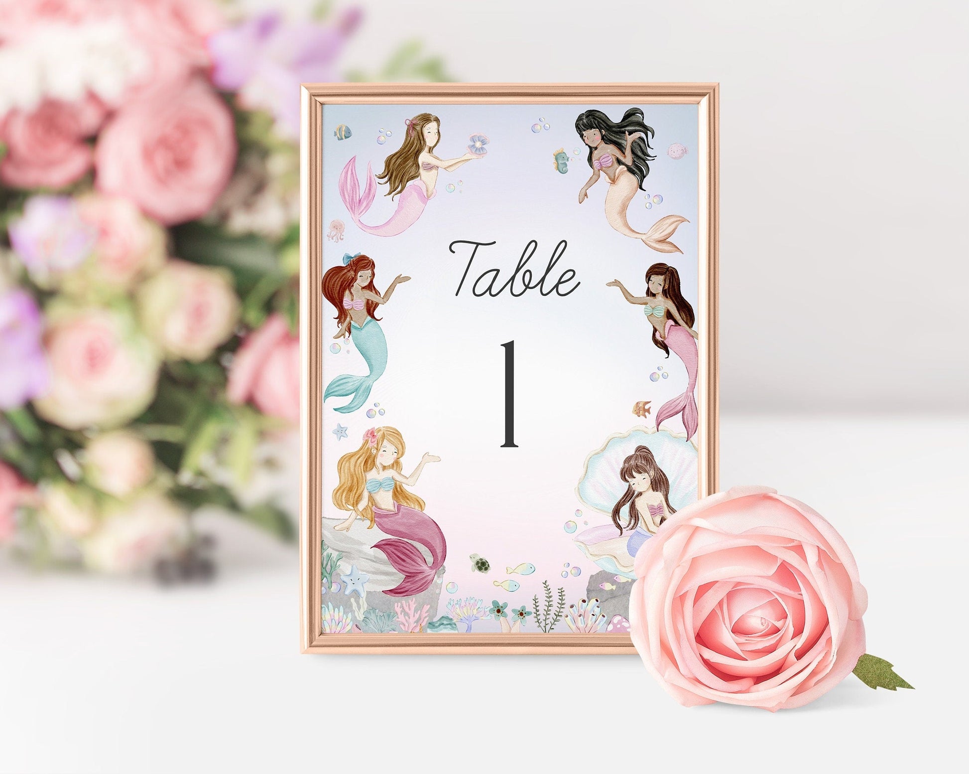 Mermaid Table Number Card Printable Template, enchanted under the sea baby shower or birthday for girl, pastel magical mermaid underwater