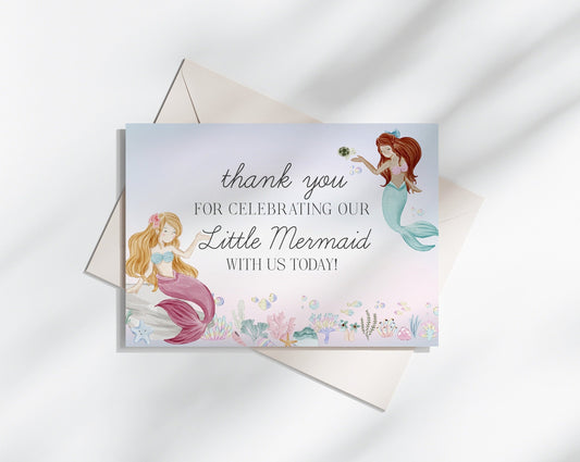 Mermaid Thank You Card Printable for Girl Birthday or Baby Shower, enchanted under the sea party for girl, pastel magical mermaid pool party