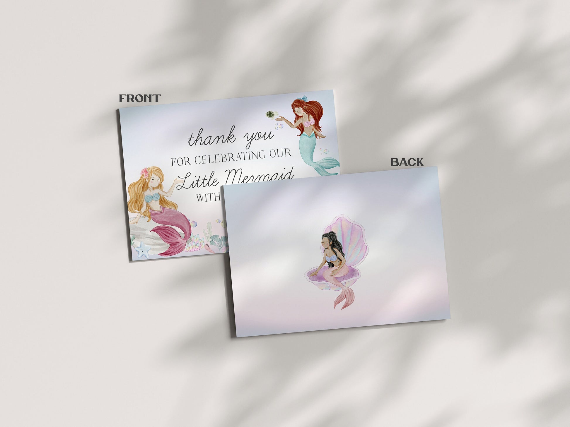 Mermaid Thank You Card Printable for Girl Birthday or Baby Shower, enchanted under the sea party for girl, pastel magical mermaid pool party