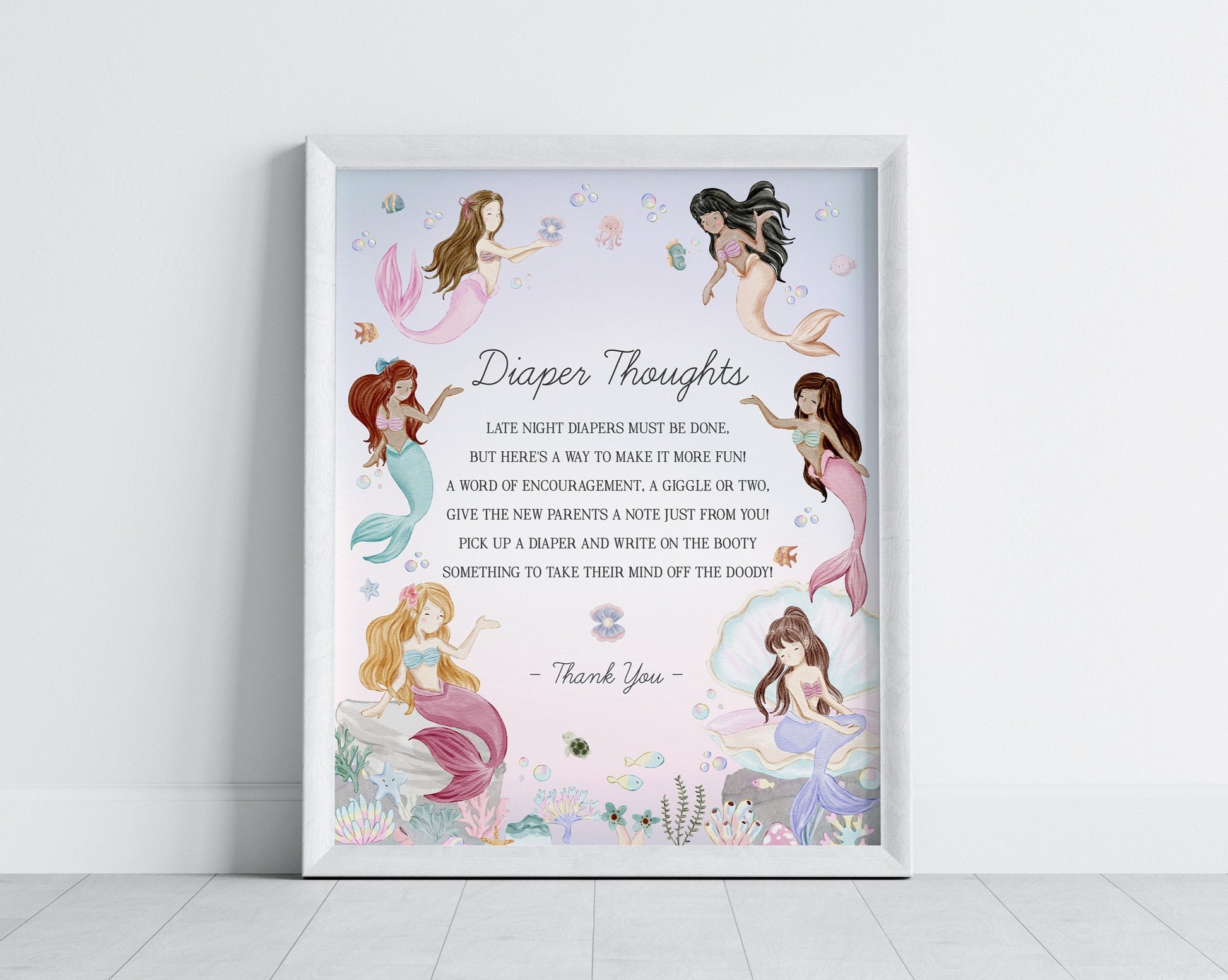 Mermaid Baby Shower Diaper Thoughts Sign Instant Download, enchanted under the sea baby shower for girl, pastel magical mermaid underwater