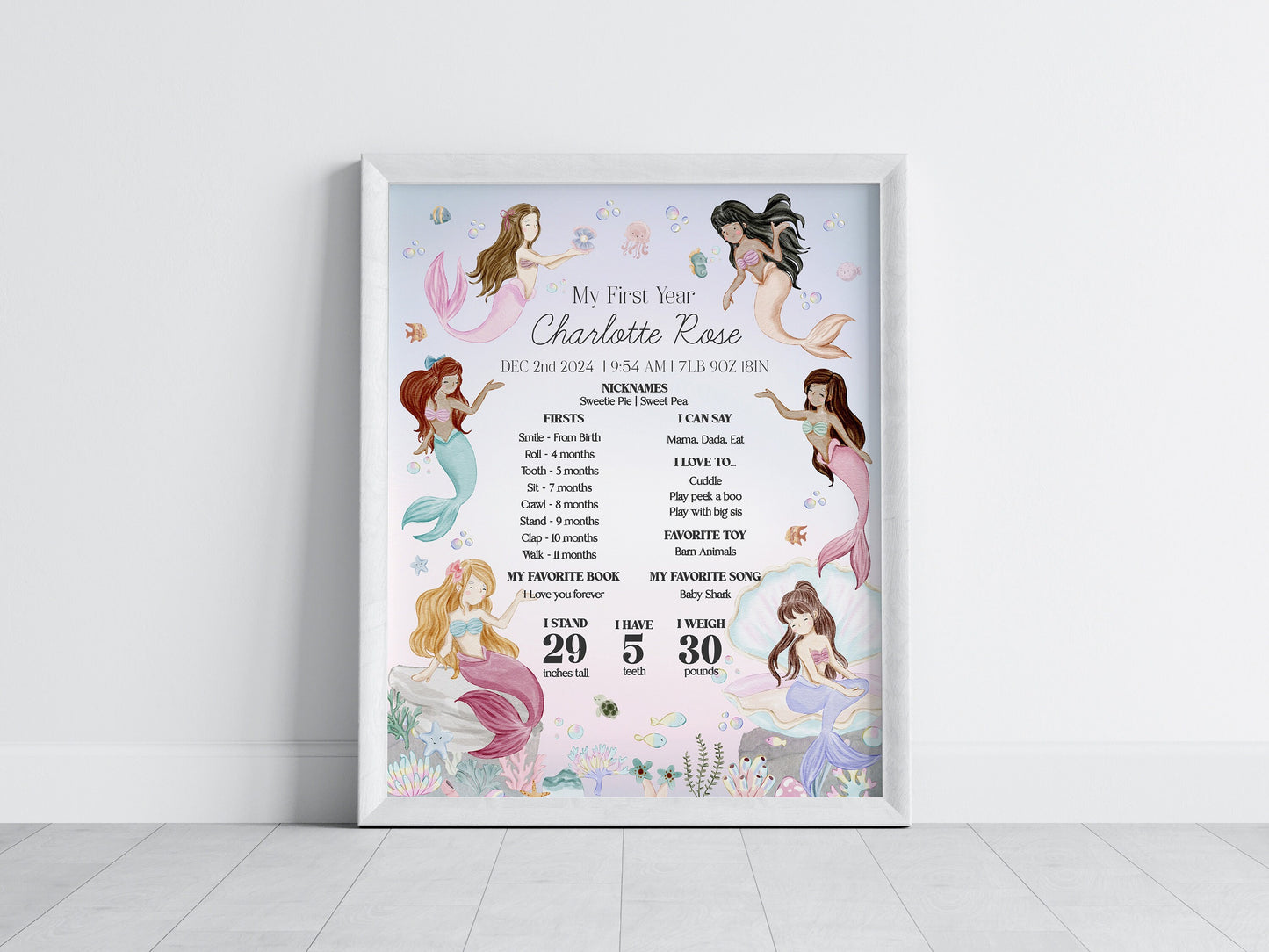 Mermaid My First Year Milestone Sign Template, enchanted under the sea birthday party for girl, pastel magical mermaid oneder the sea party