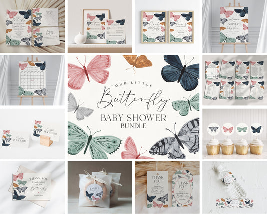 Boho Butterfly Baby Shower Bundle Printable Template, butterfly kisses party package, fall or spring girl shower little butterfly on the way