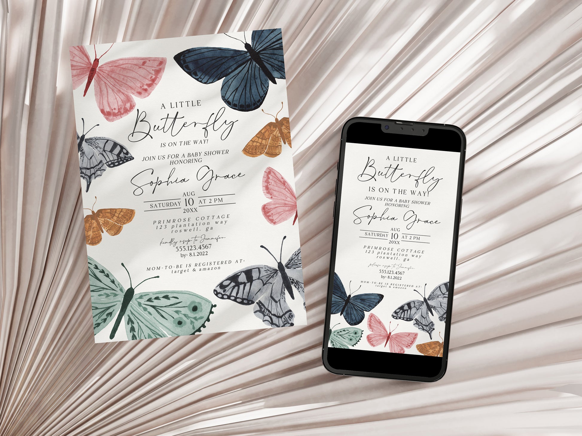 Boho Butterfly Baby Shower Invitation Template, enchanted butterfly kisses for fall spring girl baby shower, a little butterfly on the way