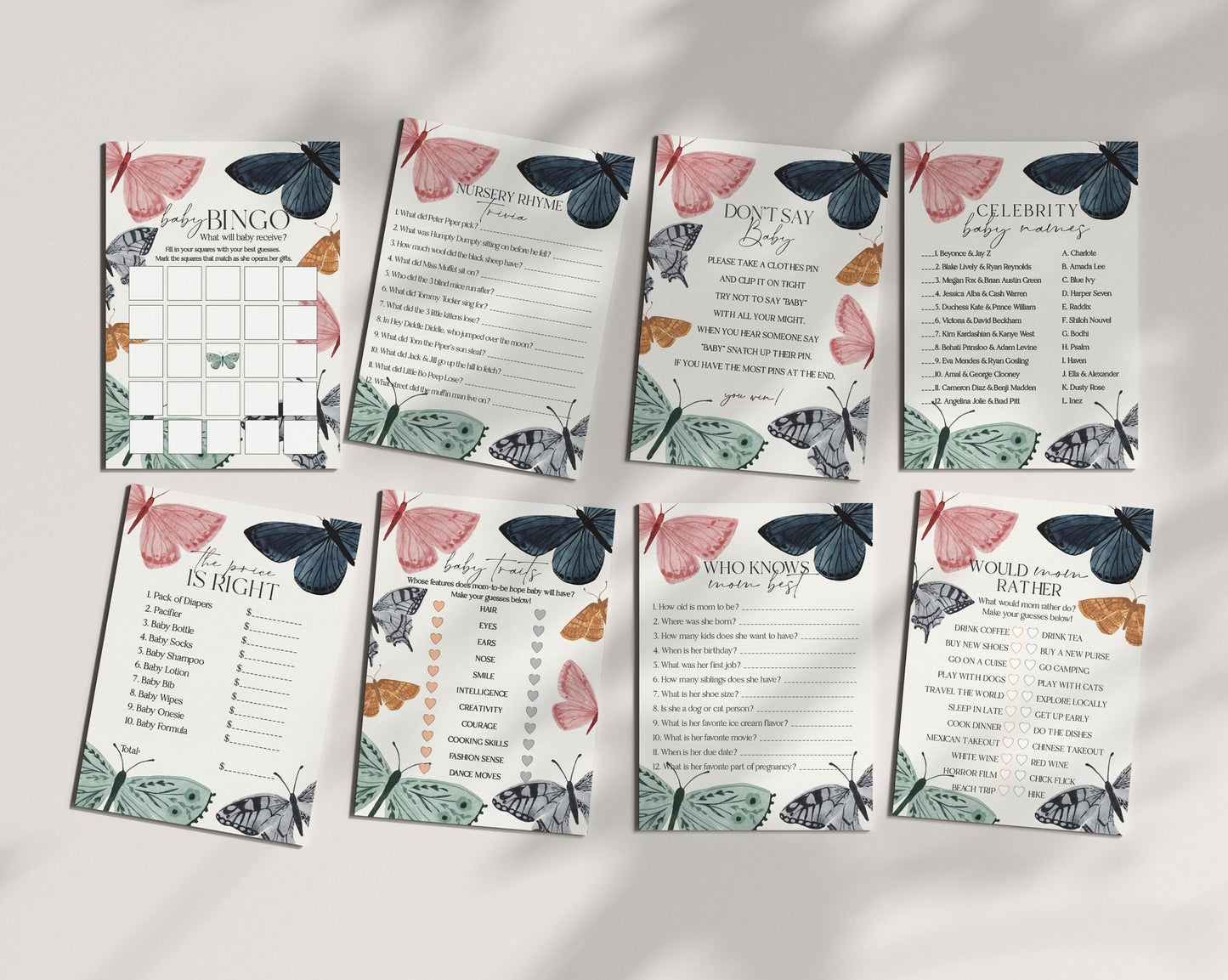 Boho Butterfly Baby Shower Games Bundle Printable, enchanted garden little butterfly kisses party for fall or spring baby shower for girl