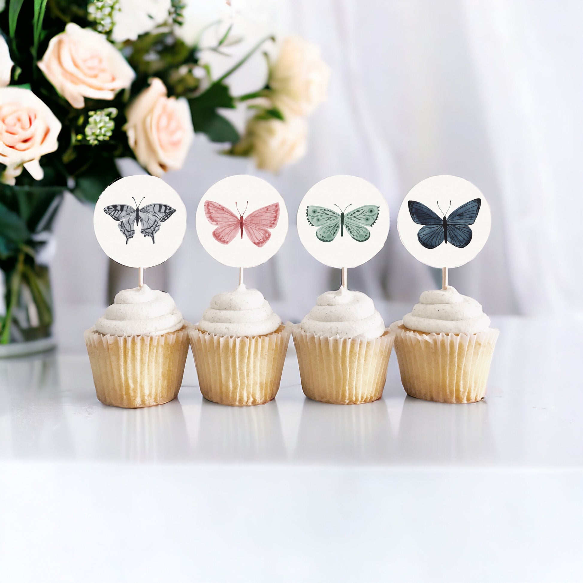 Boho Butterfly Cupcake Toppers Printable, Enchantedbaby shower, bridal shower, or birthday, spring party decor for summer garden party