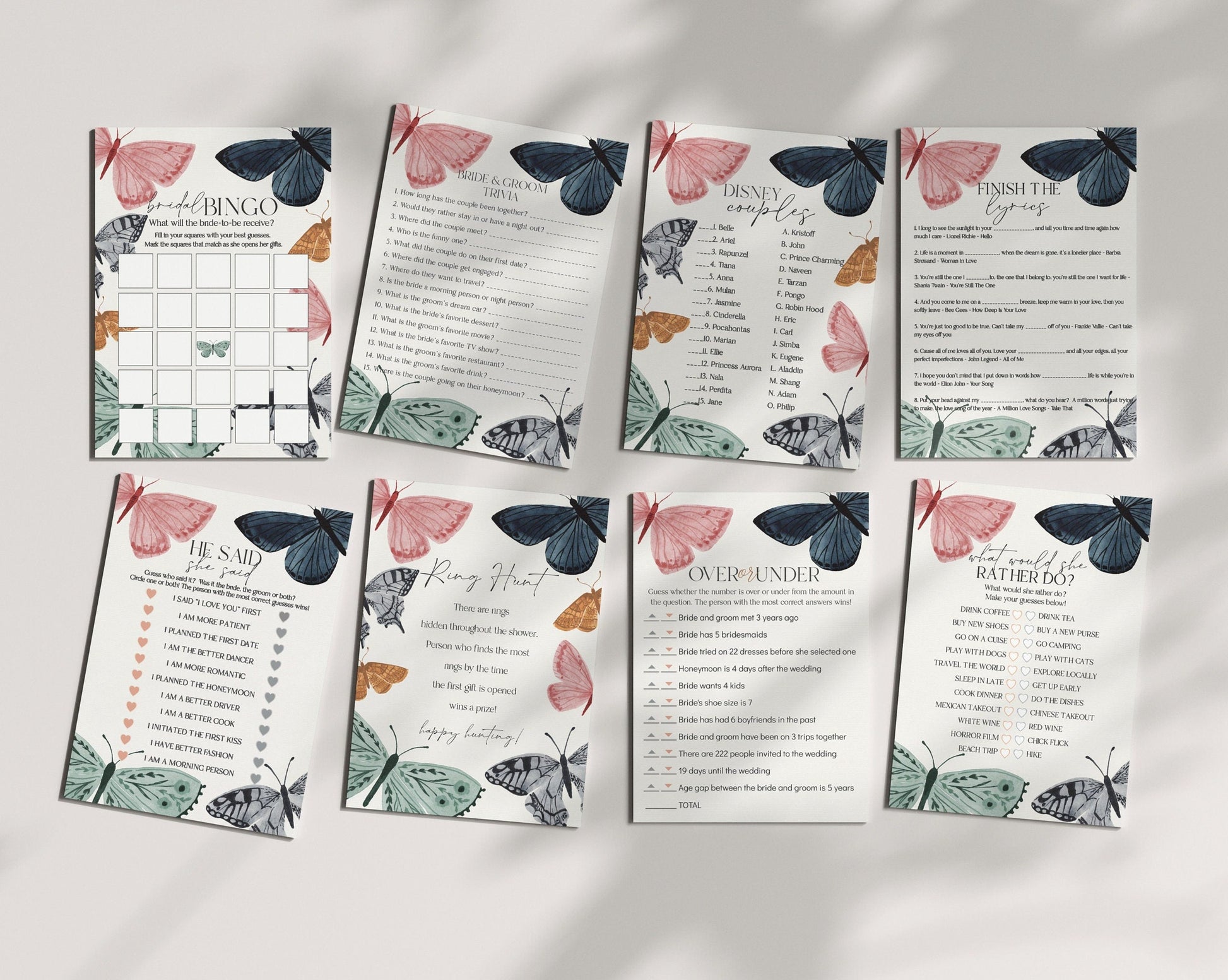 Boho Butterfly Bridal Shower Games Set Printable Template, Enchanted garden fall or spring bridal shower a little butterfly flutter on over