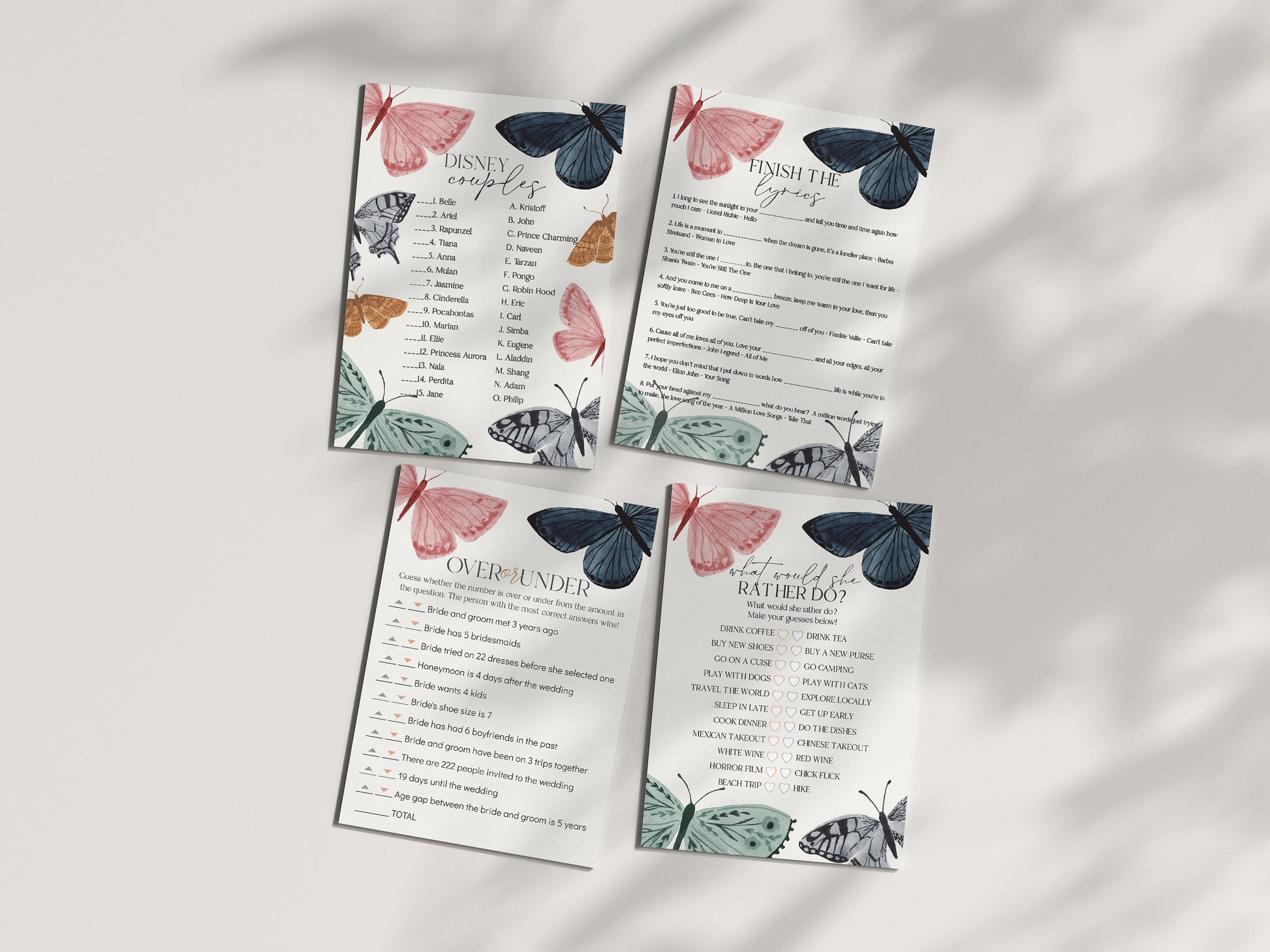 Boho Butterfly Bridal Shower Games Set Printable Template, Enchanted garden fall or spring bridal shower a little butterfly flutter on over