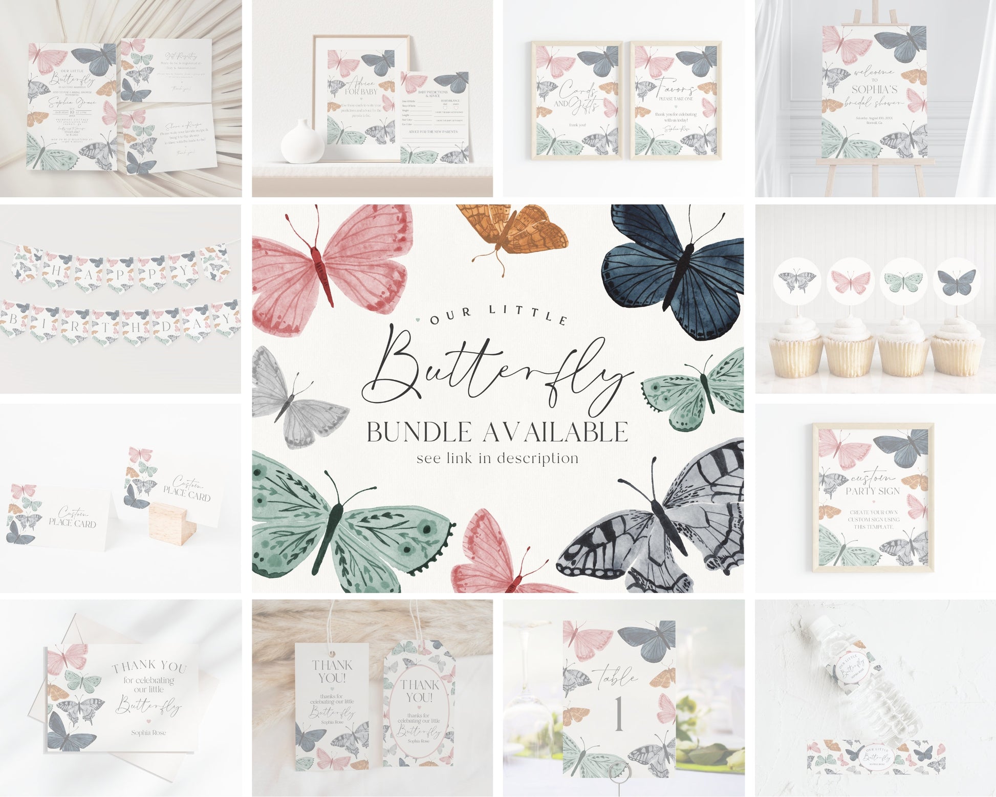 Boho Butterfly Birthday Banner Printable Template, enchanted garden butterfly kisses for fall spring party for girl, flutter on over