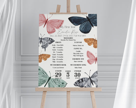 Boho Butterfly My First Year Milestone Sign Template, enchanted garden fall or spring birthday for girl, a little butterfly kisses birthday