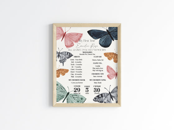 Boho Butterfly My First Year Milestone Sign Template, enchanted garden fall or spring birthday for girl, a little butterfly kisses birthday