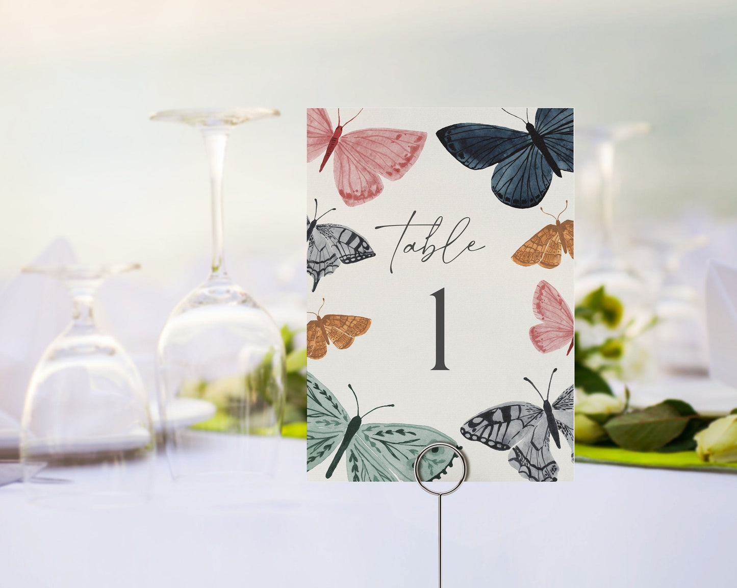 Boho Butterfly Table Number Card Printable Template, enchanted summer garden party table decor for baby shower, birthday, or bridal shower