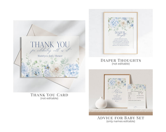 Blue Floral Baby Shower Printable Bundle, Blue Baby in Bloom baby shower for spring, Light Blue Hydrangeas Flowers instant download