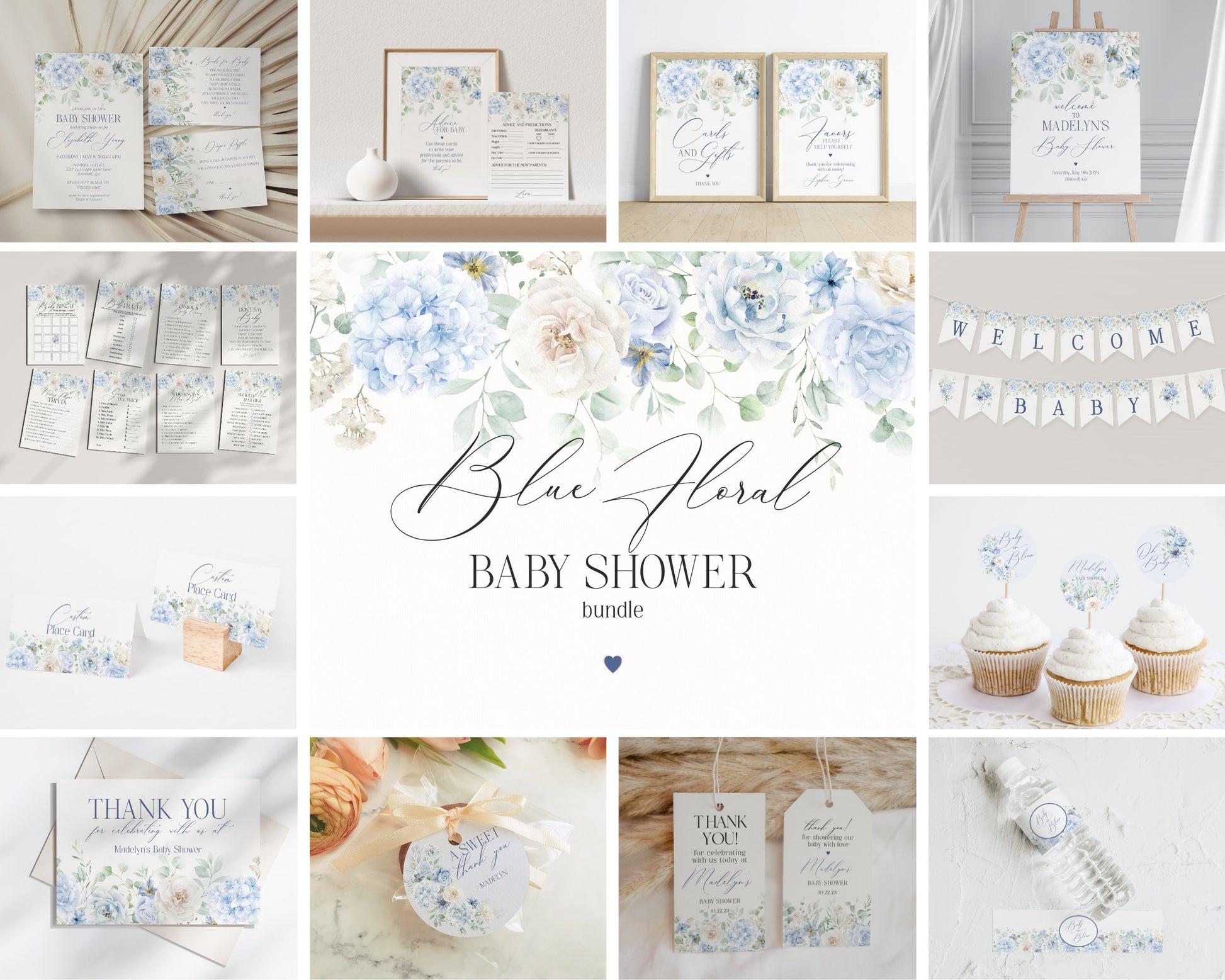 Blue Floral Baby Shower Printable Bundle, Blue Baby in Bloom baby shower for spring, Light Blue Hydrangeas Flowers instant download