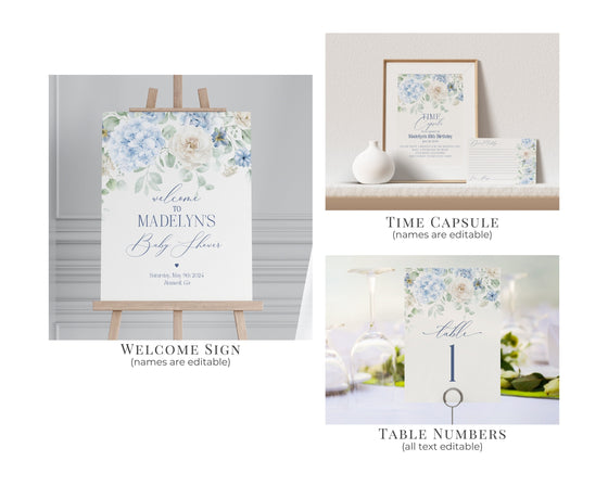 Blue Floral Baby Shower Printable Bundle, Blue Baby in Bloom baby shower for spring, Light Blue Hydrangeas Flowers instant download