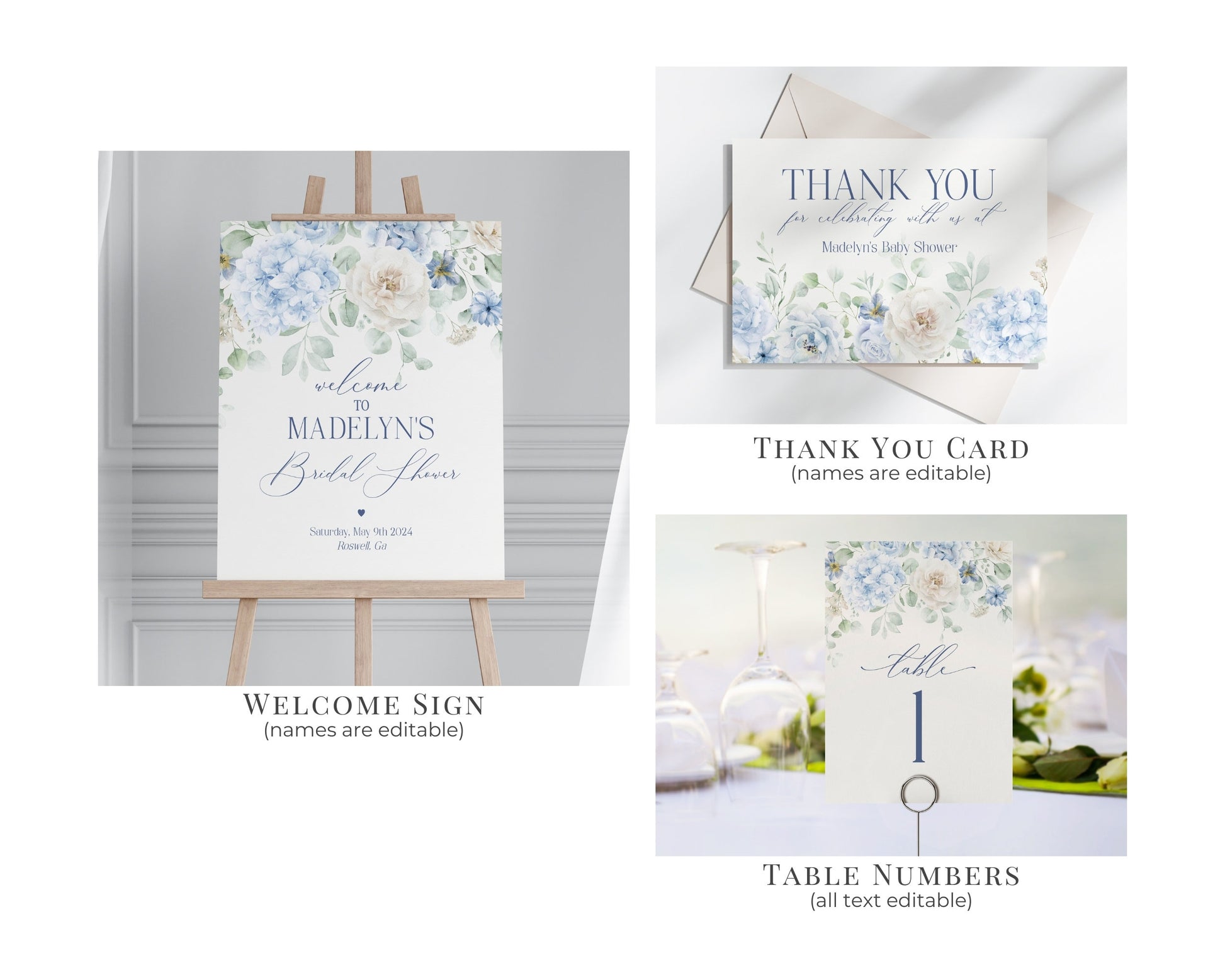 Blue Floral Bridal Shower Printable Bundle, Something Blue Before I Do spring bridal shower, Light Blue Hydrangeas Flowers instant download